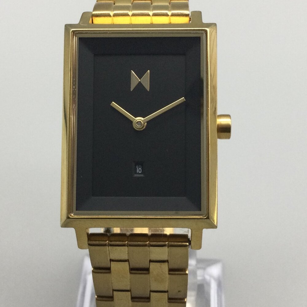 MVMT Tank Watch Women 24mm Gold Tone Date Black Dial New Battery 6.25"
